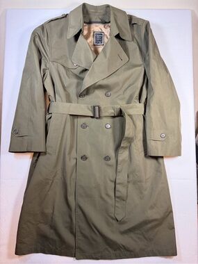 Vintage Christian Dior Monsieur Trench Coat Olive Green Removable Wool Liner 42R
